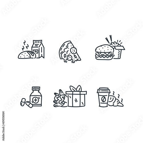Hand drawn doodle of bread milk, pizza, burger, food box, fast food, medicine, gift box, bouquet, coffee and croissant. Icon line sketch vector illustration