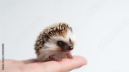 the smallest hedgehog in the palm of your hand. generative AI. the concept of nature protection on a white background