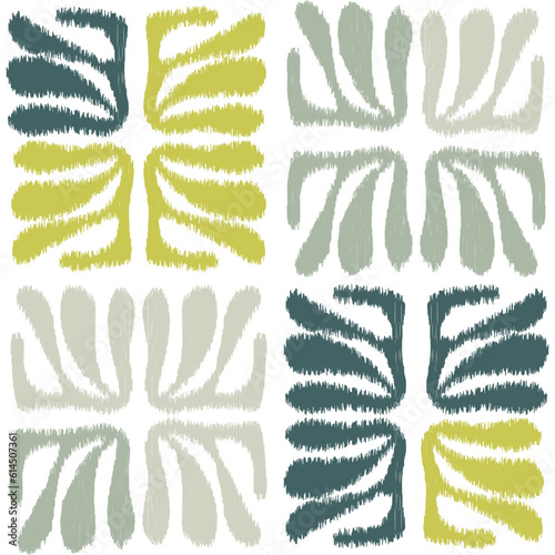 Seamless ikat pattern with green elements on white background.