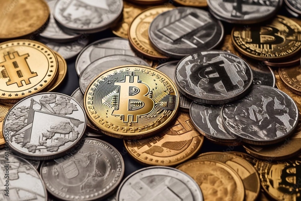 Photo of cryptocurrency physical golden bitcoin coin on colorful background Generative AI Photo of cryptocurrency physical golden bitcoin coin on colorful background Generative AI