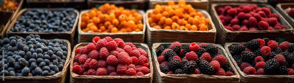 Farmers Market Berries Assortment Closeup. Strawberries, Blueberries, Raspberries in boxes. fresh ripe fruits for sale, selective focus. Different berries market choice. generative ai Farmers Market Berries Assortment Closeup. Strawberries, Blueberries, Raspberries in boxes. fresh ripe fruits for sale, selective focus. Different berries market choice. generative ai