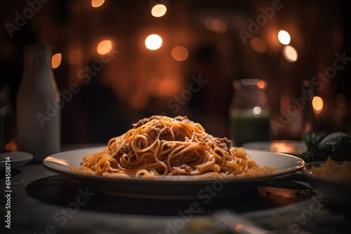 a delicious dish of spaghetti bolognese on a plate on an italian restaurant photo