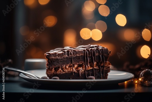 a delicious portions of chocolate cake on a plate on a table photo
