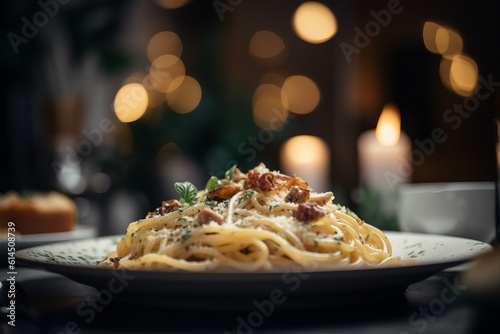 a delicious plate of spaghetti carbonara on a table with blurred background
