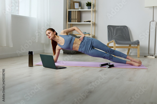 woman mat health laptop training lifestyle video fit home yoga lotus