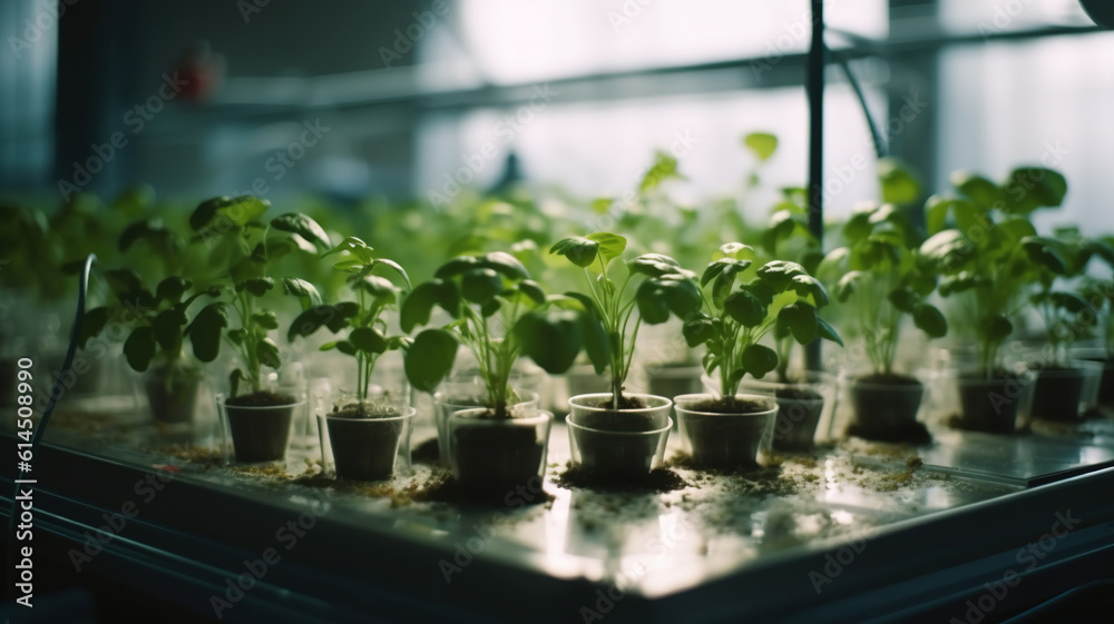 Plants in Hydroponics in Lab Greenhouse. Modern Cutting-Edge Plant Science: Genetic Engineering, Hydroponics, and Greenhouse Cultivation with Plant Test Tubes. generative ai Plants in Hydroponics in Lab Greenhouse. Modern Cutting-Edge Plant Science: Genetic Engineering, Hydroponics, and Greenhouse Cultivation with Plant Test Tubes. generative ai