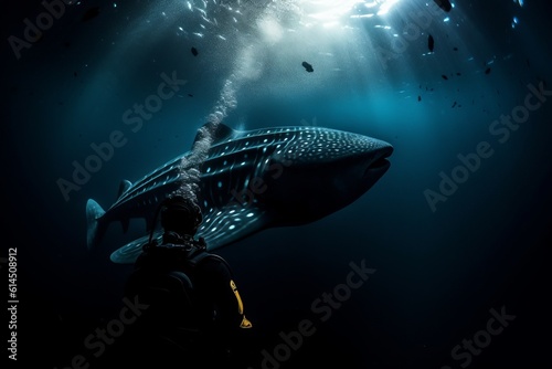 scooba diver diving in the sea next to a whale shark