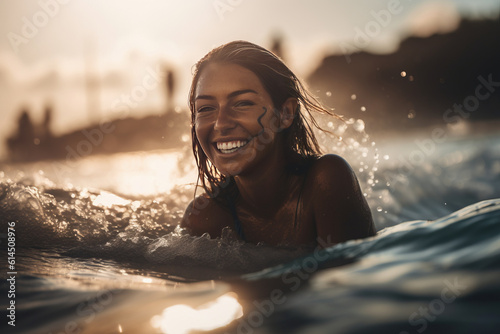 beautiful woman practicing surf in the ocean in summer under sunset light on a tropical sea with a big and energetic smile.