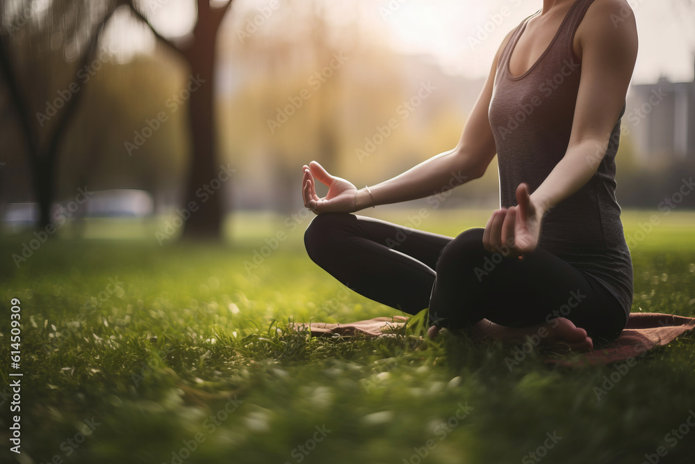 a young woman practicing yoga in lotus position on the grass in a public park under sunset light a young woman practicing yoga in lotus position on the grass in a public park under sunset light