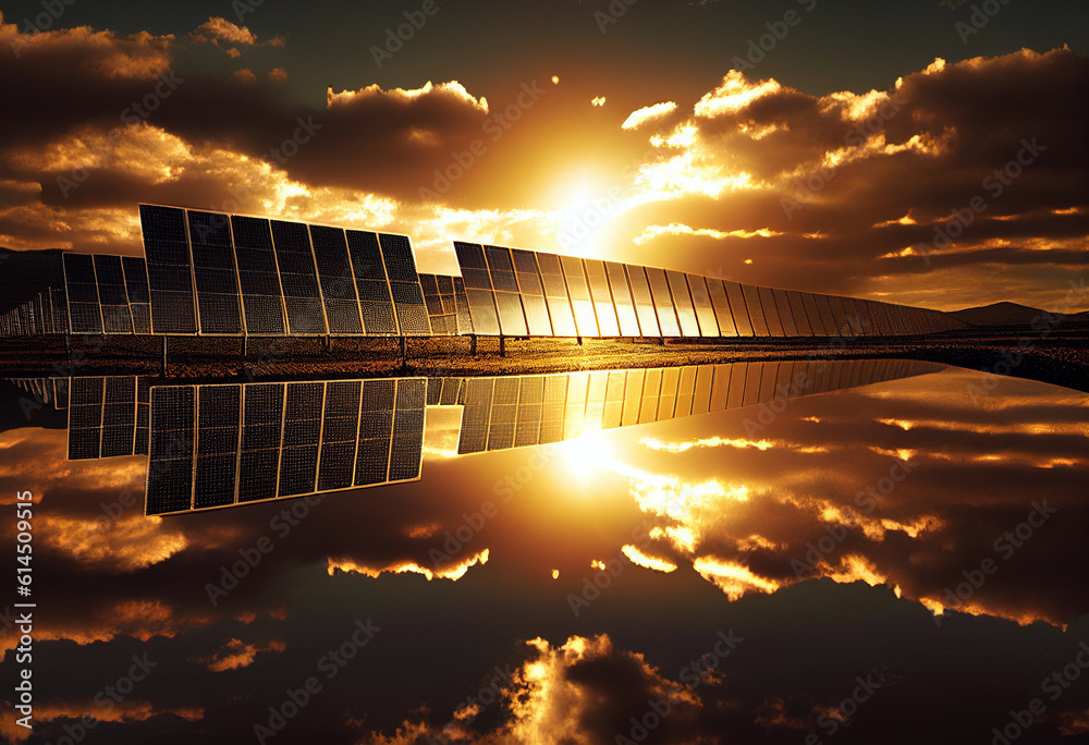 Solar panels generate electricity at sunset, you can see the reflection. AI generated