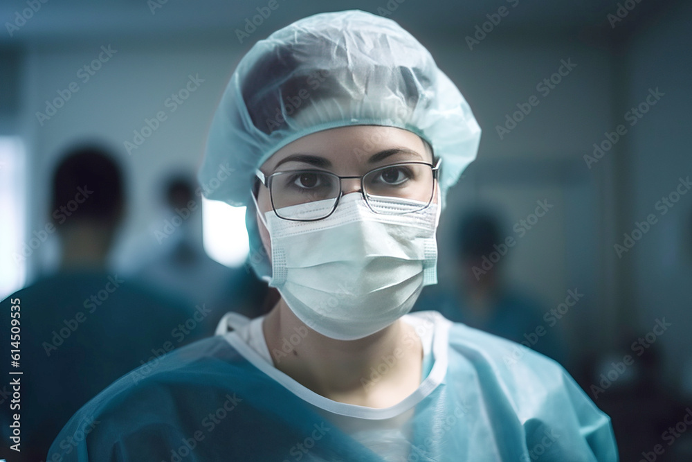 surgeon woman wearing full protection equipment with mask looking to camera in a hospital surgeon woman wearing full protection equipment with mask looking to camera in a hospital