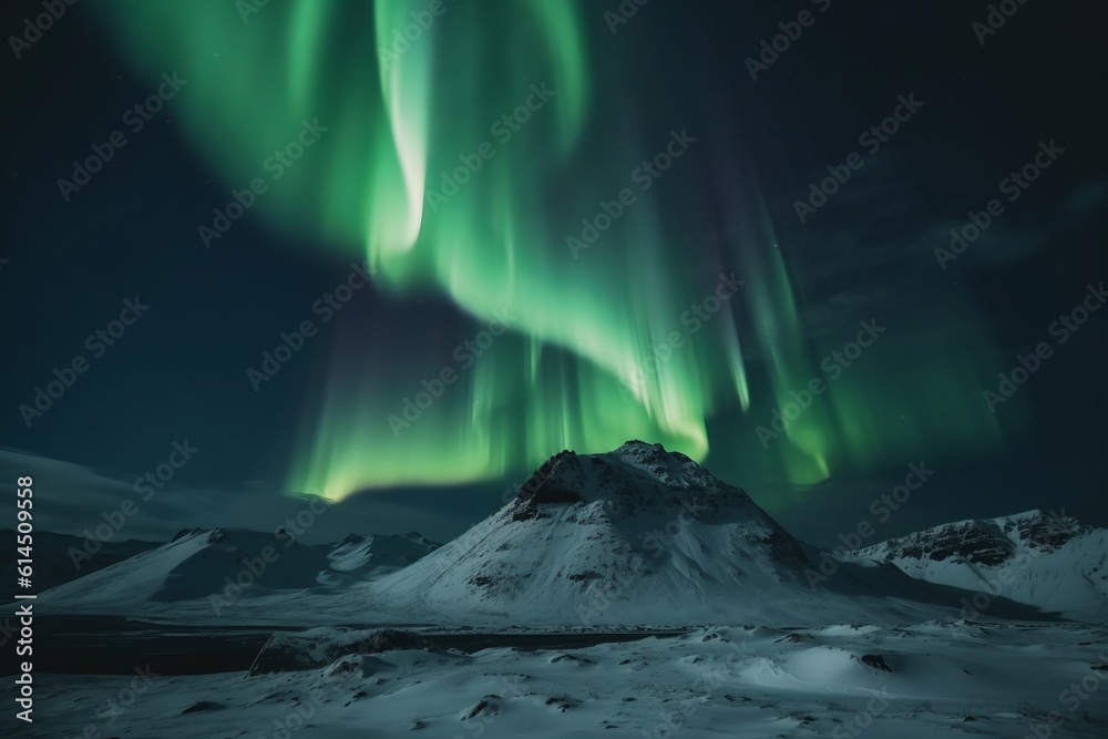 aurora borealis shining in the sky over snowy mountains in winter in Iceland