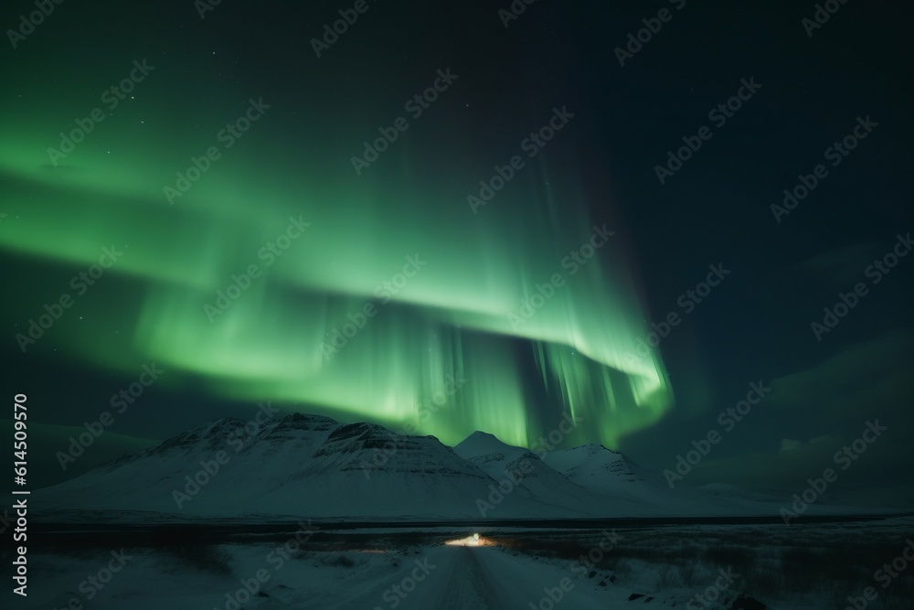 aurora borealis shining in the sky over snowy mountains in winter in Iceland