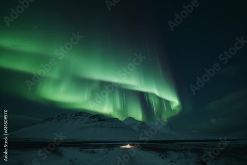 aurora borealis shining in the sky over snowy mountains in winter in Iceland © urdialex