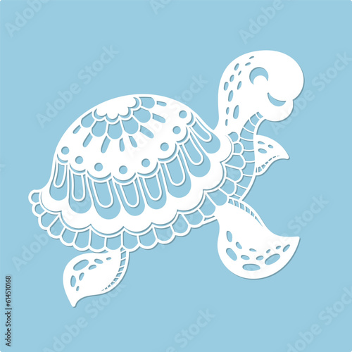 Cartoon sea turtle. Template for laser cutting of paper, cardboard, wood, metal. For the design of postcards, toys, interior decoration, stencils, silkscreen printing, etc. Vector