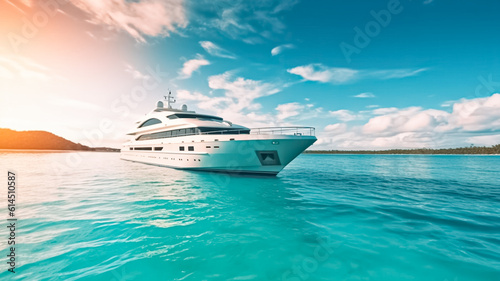 Luxury private motor yacht sailing at sea.