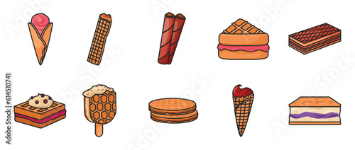 Cream waffle vector color set icon.Vector illustration icon waffle cake.Isolated color set of cream dessert and chocolate food.