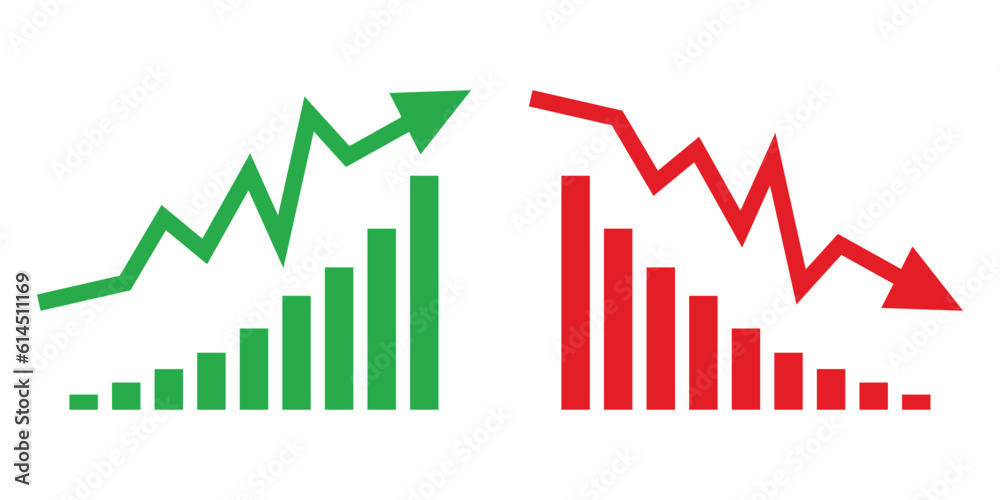 Graph going Up and Down sign with green and red arrows vector. Flat design vector illustration concept of sales bar chart symbol icon with arrow moving down and sales bar chart with arrow moving up. Graph going Up and Down sign with green and red arrows vector. Flat design vector illustration concept of sales bar chart symbol icon with arrow moving down and sales bar chart with arrow moving up.