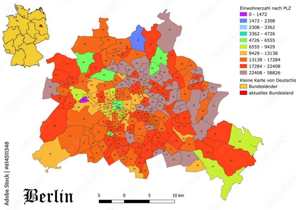 Federal state Berlin population by postal code map with Germany vector