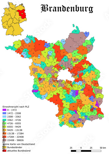 Federal state Brandenburg population by postal code map with Germany vector map 