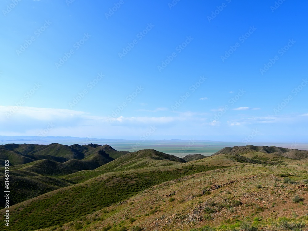 Archarly pass. View from top of the hills above the road connecting Kaochagay and Saryozek