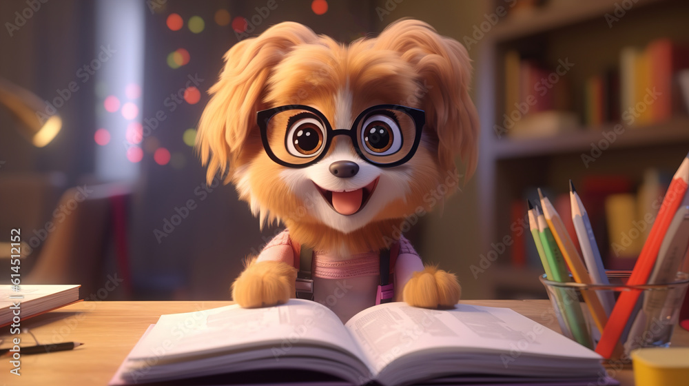 Excited cute happy dog doing homework at home, cartoon character.AI generation