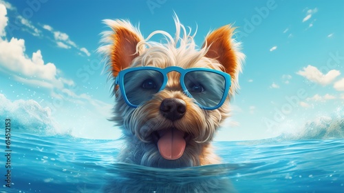 Happy cheerful dog swims in the sea. AI generation glasses © dwoow