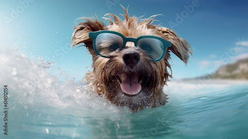 Happy cheerful dog swims in the sea. AI generation glasses © dwoow