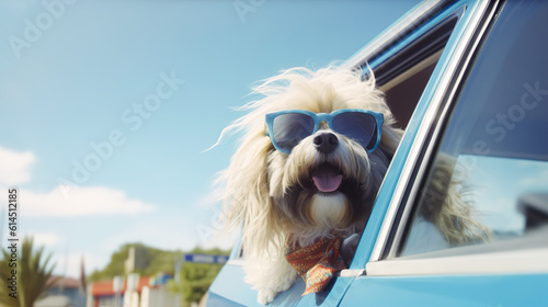 Funny happy dog in glasses looking out of the car window while traveling. Copy space. AI generation © Daria17