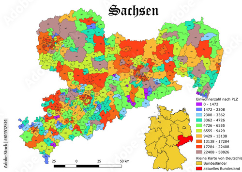 Federal state Sachsen population by postal code map with Germany vector map 