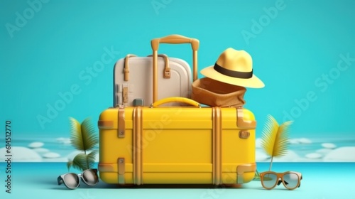 Yellow suitcase with beach accessories on blue background. vacation time. Summer travel concept. 3d rendering telephoto lens realistic lighting.
