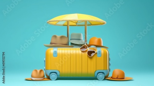 Yellow suitcase with beach accessories on blue background. vacation time. Summer travel concept. 3d rendering telephoto lens realistic lighting.