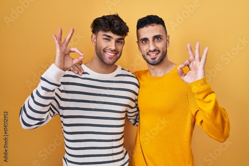 Young hispanic gay couple standing over yellow background smiling positive doing ok sign with hand and fingers. successful expression.