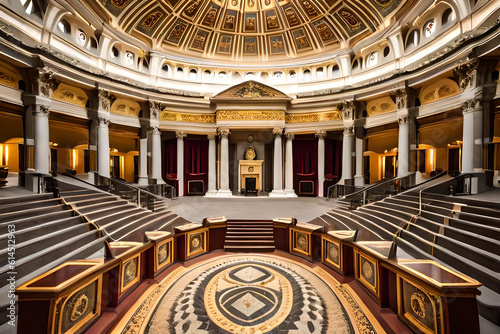 A majestic podium stands at the center of a grand theater, featuring intricate details carved from marble, adorned with golden accents and ornate patterns