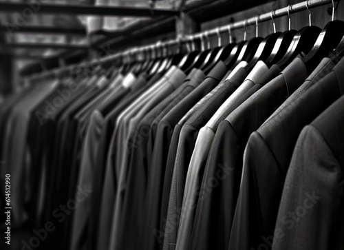 Row of men's suit jackets hanging in closet created with Generative AI technology.