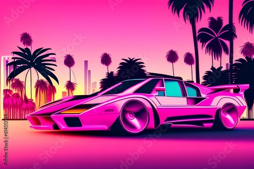 Retro Sport car rides among palm trees against the backdrop of the sunset in the city , reflections , synthwave 80s - generative ai