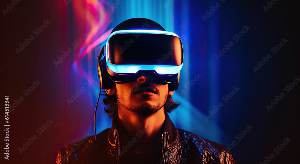 Man using virtual reality glasses on dark background. VR glasses. Headset device, virtual reality, future technology concept used together. Using VR glasses in neon Man using virtual reality glasses on dark background. VR glasses. Headset device, virtual reality, future technology concept used together. Using VR glasses in neon