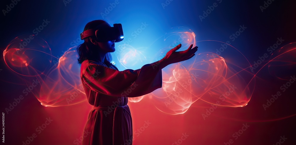 Man using virtual reality glasses on dark background. VR glasses. Headset device, virtual reality, future technology concept used together. Using VR glasses in neon