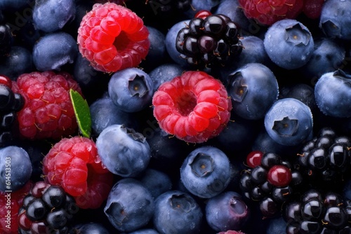 Top view of frozen blackberries and blueberries, presenting a mouthwatering display of icy fruits with vibrant hues. Generative AI