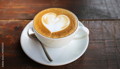 a cup of cappuccino with cinnamon, wooden background 