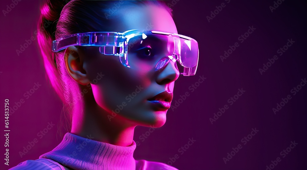 Concept of futuristic virtual reality technology or entertainment system. A woman lit up on the HUD interface Concept of futuristic virtual reality technology or entertainment system. A woman lit up on the HUD interface