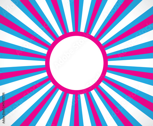 Pink and blue colourful sunburst pattern background with badge, rays, radial, summer banner, vector illustration