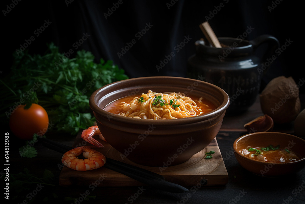 A bowl containing soup and pasta in a dark background. Generative AI