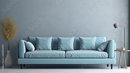 interior with blue sofa and empty wall and decoration.ai generative, illustration, photo