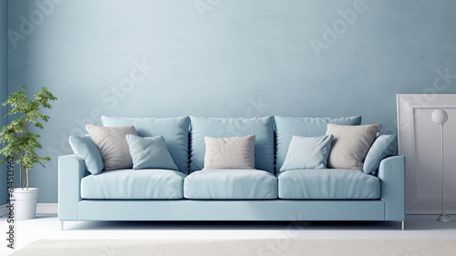 interior with blue sofa and empty wall and decoration.ai generative, illustration, © Helena GARCIA