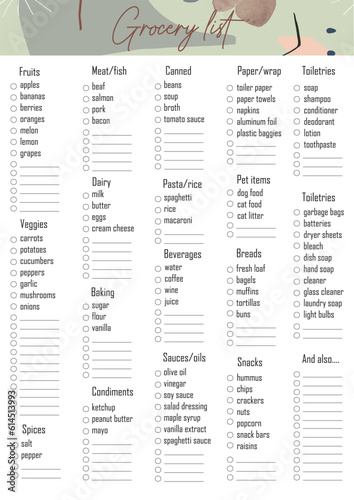 Grocery Lists planner printable template vectors. Printable and Digital