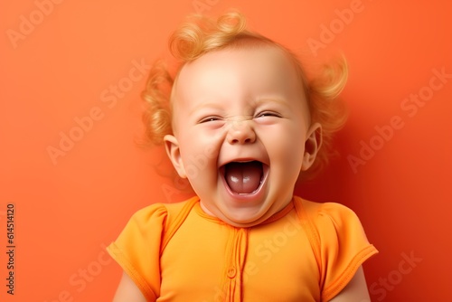 a smiling baby is looking at camera and laughing