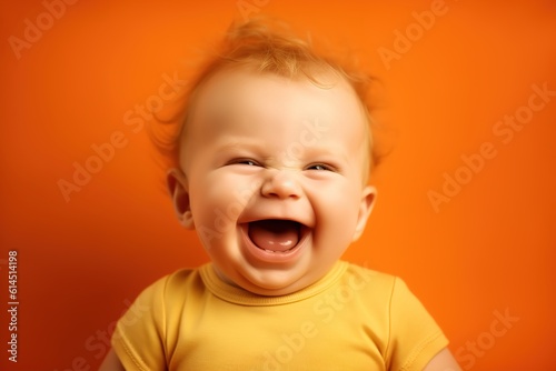 a smiling baby is looking at camera and laughing