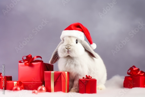 Cute bunny in Santa hat with gift boxes. Christmas concept. Generative AI.
