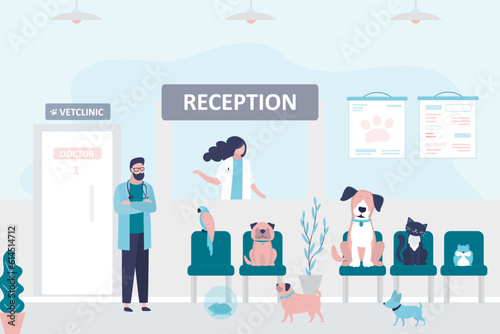 Vet clinic reception. Registration animals in queue to veterinarian, pets in clinic, waiting for doctors appointment. Medical treatment, animal health care. Animals hospital, medicine.